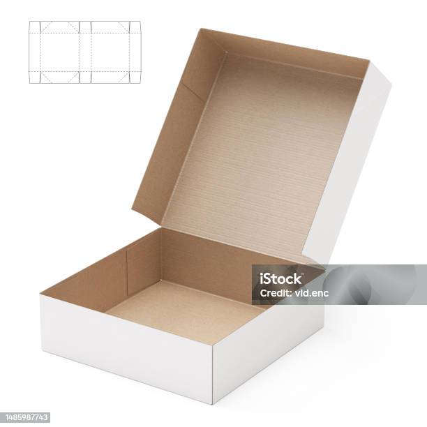 Flat Square Box With Blueprint Drawing Stock Photo - Download Image Now ...