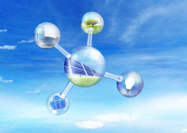 Solar panels on blue sky, solar power plant, blue solar panels, renewable energy source, solar farm in molecular view