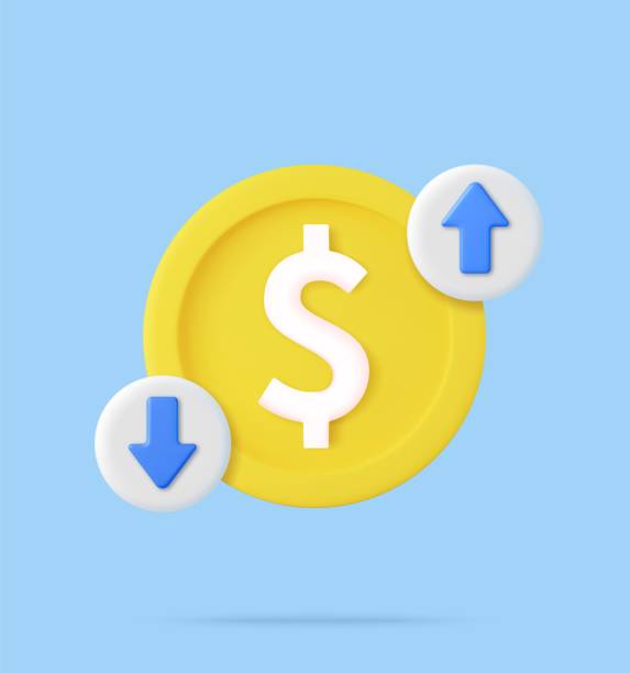 3d Cost of dollar with arrow down and up. 3d Cost of dollar with arrow down and up. Coin of dollar with loss or growth. 3d rendering. Vector illustration drop earring stock illustrations