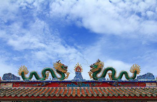 Chinese style dragon statue in a temple,two green dragon statues adorn the roof of the shrine