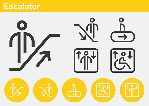 Escalator, Disabled, Person, Transportation, Arrow up, Arrow down, Elevator, Station, Direction, Standing, Sign, Symbo, Navigation, Traffic, Hotel, Airport, Shopping Mall. Minimal Line Icons