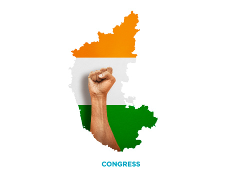 Karnataka map Congress flag with hand to show power of Congress, Karnataka election 2023