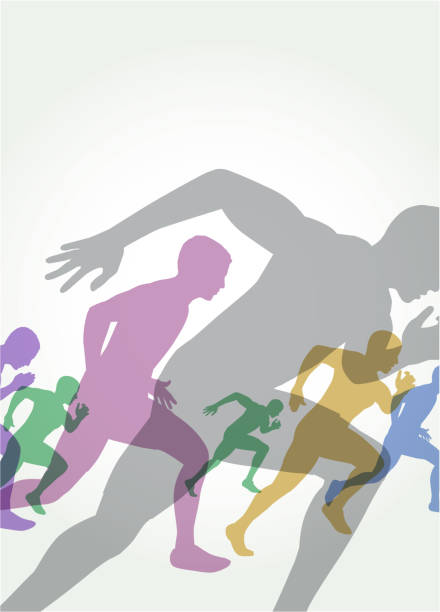 silhouette sprinters - lari 100 meter foto ilustrasi stok