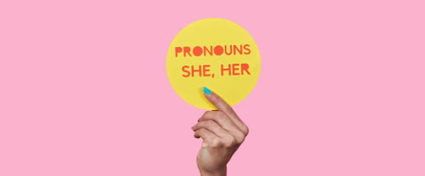text my pronouns are she, her, banner format stock photo