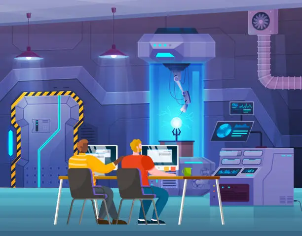 Vector illustration of Programmers scientists in laboratory conduct experiment, develop tests in technical or chemical lab