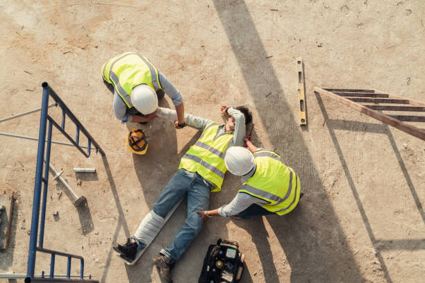 istock First aid worker accident in construction site, Builder accident fall scaffolding to concrete floor. 1485996799