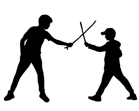 Fighting two boys with sticks outdoor silhouettes,concept illustration