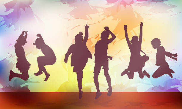 szczęśliwe dzieci tańczące razem w tle - child silhouette pre adolescent child youth culture stock illustrations