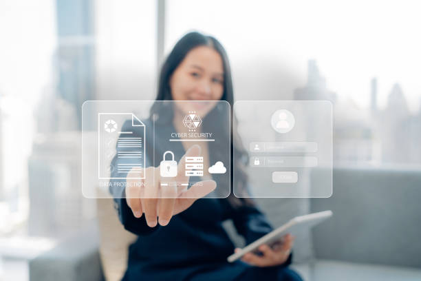 istock Businesswomen protecting personal data on tablet and virtual interfaces. 1485999039