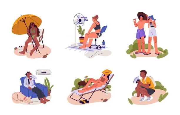 Vector illustration of Summer heat. People sweating, suffering from hot weather, heatwave, high temperature. Characters with sunburn, sunstroke, heatstroke set. Flat graphic vector illustrations isolated on white background
