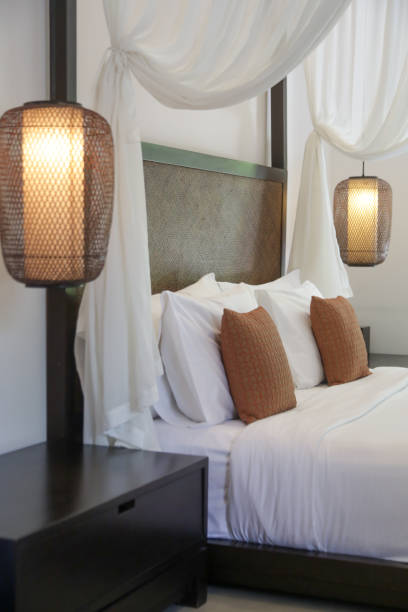 istock Simple contemporary bedroom with king size bed and mosquito net 1486006048