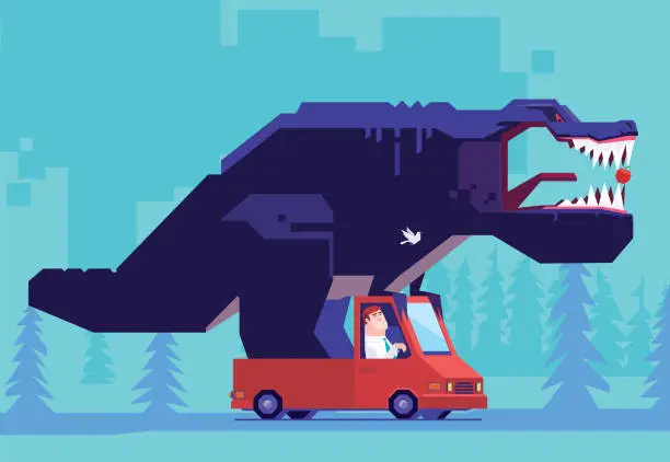 Vector illustration of businessman driver carrying dinosaur with deliver van