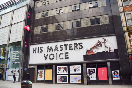 London, UK - March 19 2021: Exterior view of the flagship HMV store on Oxford Street, which closed in 2019.