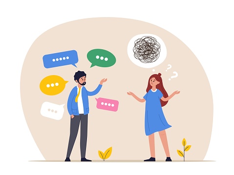 Verbal or oral communication skill, storytelling or explanation. Girl does not understand lot of information. Public speaking, talking or discussion, telling message or speech. Multiple speech bubble