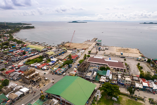 Matnog, Sorsogon, Philippines - Sept 2022: Aerial of the Port and town proper.