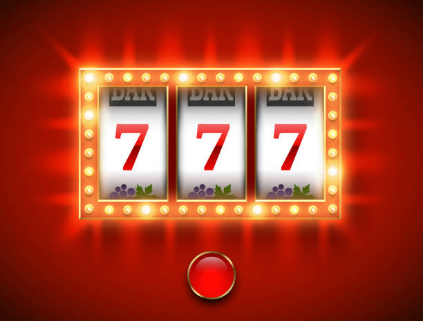 istock Bright lucky seven 777 slot machine. Spin button, shiny led bulbs frame on red background. Vector online casino vegas game. Gambling fortune chance web banner. Win jackpot 7, festive led bulb light 1486011445