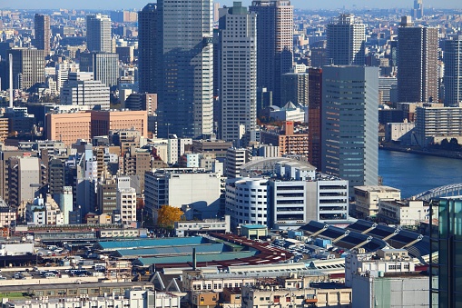 City view of Tokyo Tsukiji district of Chuo ward. Tokyo is the capital city of Japan. 37.8 million people live in its metro area.