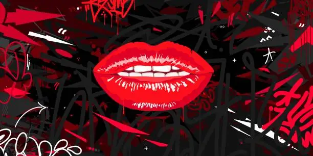 Vector illustration of Trendy Abstract Urban Colorful Futuristic Street Art Graffiti Style Background With Big Lips Vector Illustration