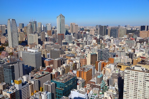 Cityscape view of Hibiya district in Chiyoda Ward, Atago and Toranomon districts of Minato Ward, Tokyo.