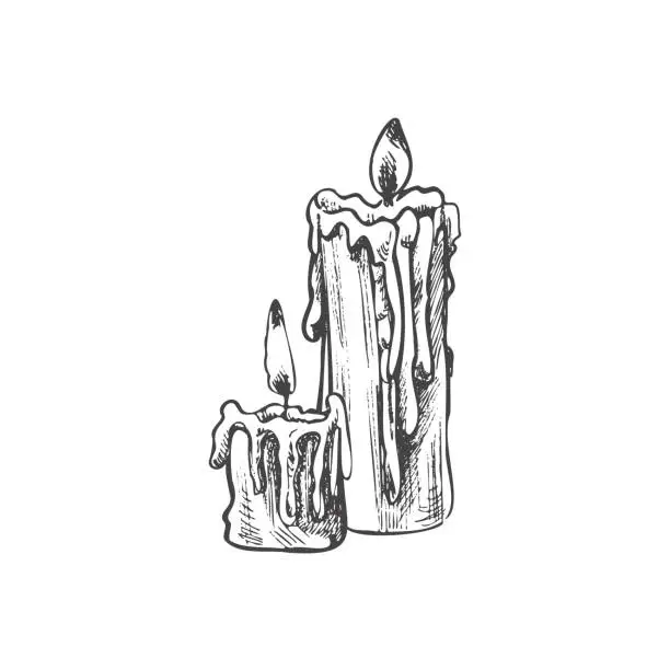 Vector illustration of Hand drawn sketch of burning candles. Vector illustration of a vintage style. Halloween or Christmas drawing.