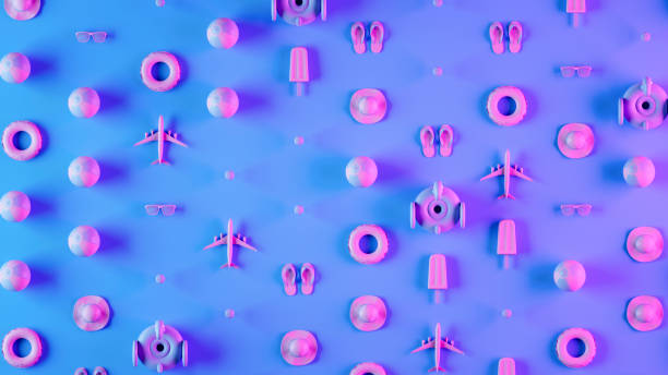istock Summer holiday travel objects on neon lighting background 1486012839
