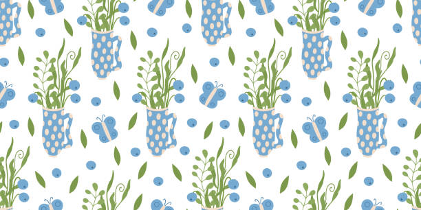 illustrations, cliparts, dessins animés et icônes de motif vectoriel sans couture avec des tasses décorées de pois, de papillons, de bleuets et d’herbes sur fond blanc. idéal pour les draps, les papiers peints, les couvertures. - spotted natural pattern herb flower