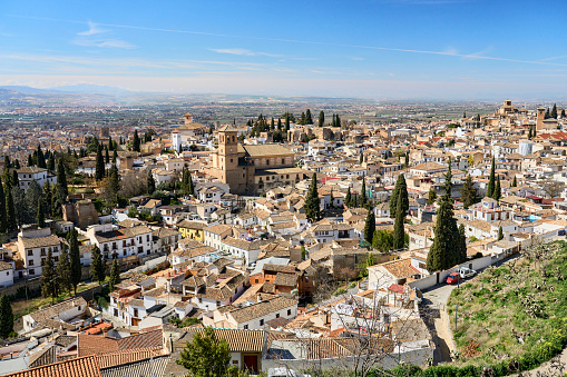 panoramic view on the city of Granada, with world heritage site of Alhambra and district of Albaycin and Sacromonte, Andalusia, Spain