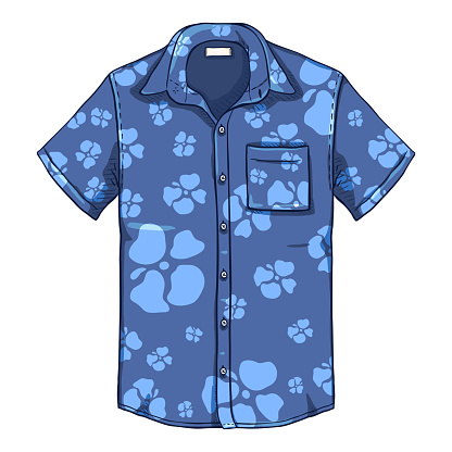 Vector Cartoon Short Sleeve Hawaiian Men Shirt with Blue Flower Pattern