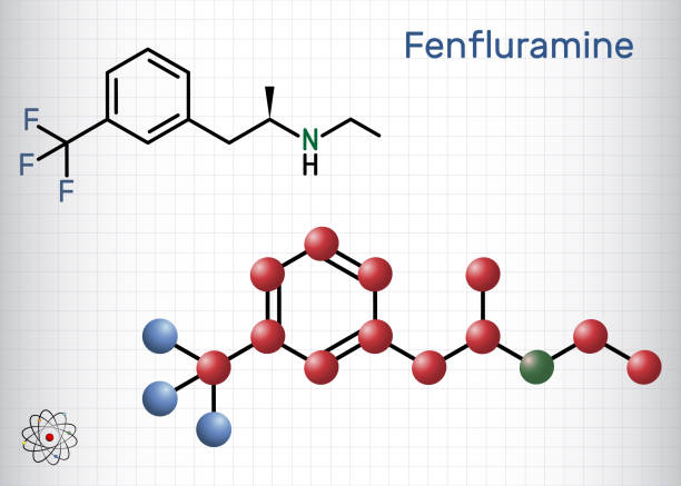 illustrazioni stock, clip art, cartoni animati e icone di tendenza di molecola della droga fenfluramina. è fenetilamina, usato come soppressore dell'appetito. formula chimica strutturale e modello molecolare. foglio di carta in una gabbia - phenethylamine