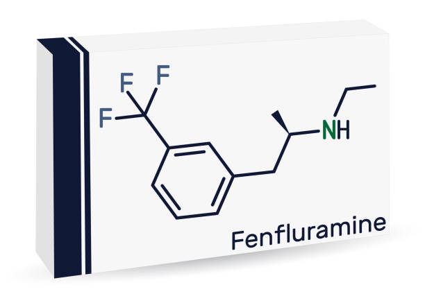 illustrazioni stock, clip art, cartoni animati e icone di tendenza di molecola della droga fenfluramina. è fenetilamina, usato come soppressore dell'appetito. formula chimica scheletrica. imballaggi in carta per farmaci - phenethylamine