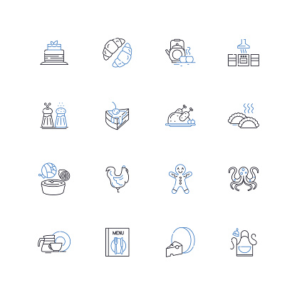 Fine dining outline icons collection. Indulgent, Luxurious, Michelin-starred, Elegant, Sophisticated, Gourmet, Decadent vector and illustration concept set. Upscale,Haute linear signs and symbols