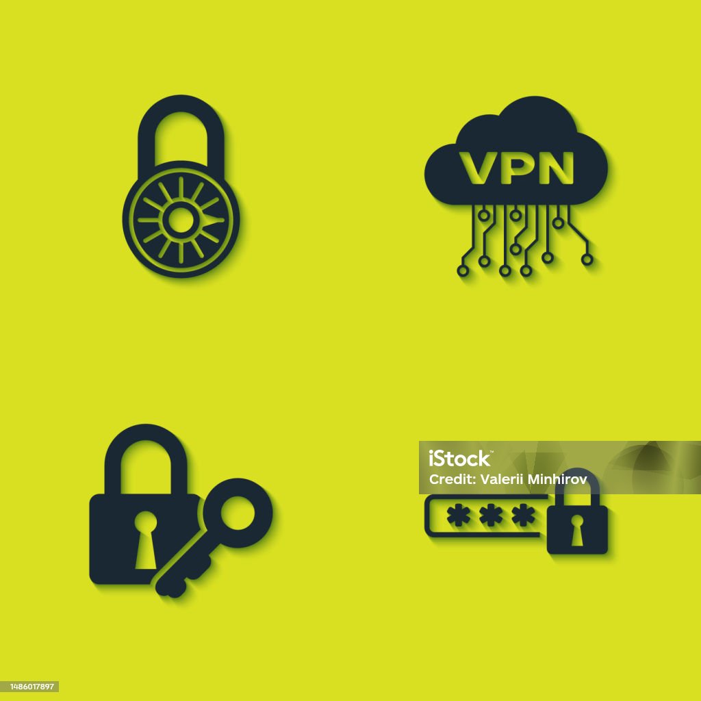 Vpn Key Lock Icon Set Safe Combination Lock Wheel Password Protection Lock And Key And ...