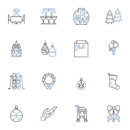 Exultant New Year outline icons collection. Celebratory, Joyful, Festive, Resolutions, Optimistic, Cheerful, Rejuvenating vector and illustration concept set. Excitement,Grateful linear signs and symbols