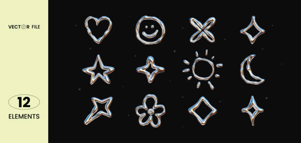 Vector illustration - Set of chrome Y2K elements. Trendy shapes with glossy liquid metal effect. Great for your design web or print projects. Vector illustration - Set of chrome Y2K elements. Trendy shapes with glossy liquid metal effect. Stickers heart, stars, smile, sun, moon, flowers. Great for your design web or print projects. chrome stock illustrations