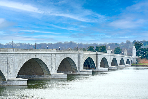 Arlington Memorial Bridge, a stone arch bridge, on a brisk winter day in Washington DC. United States