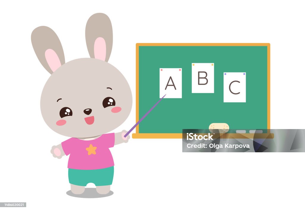 School Student Rabbit Standing Next To Chalkboard With Pointer Stock ...