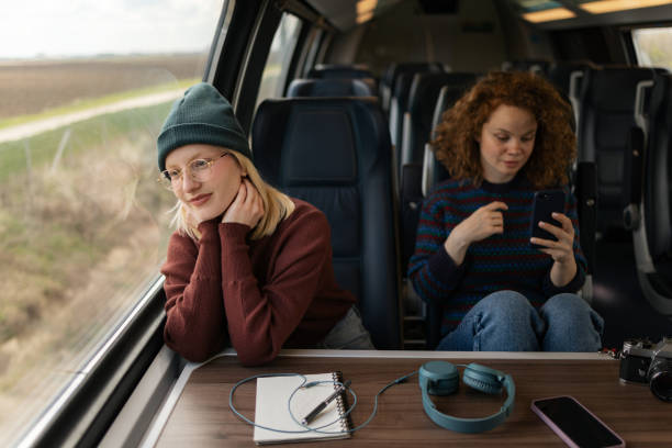 istock Young female tourists traveling by train. 1486020444