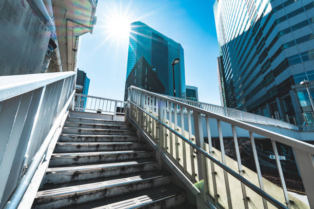 istock Empty stairs to an elevated pedestrian walkway in the Tokyo City 1486020764