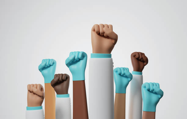 istock Group doctors holding fists together on white background. 1486020798