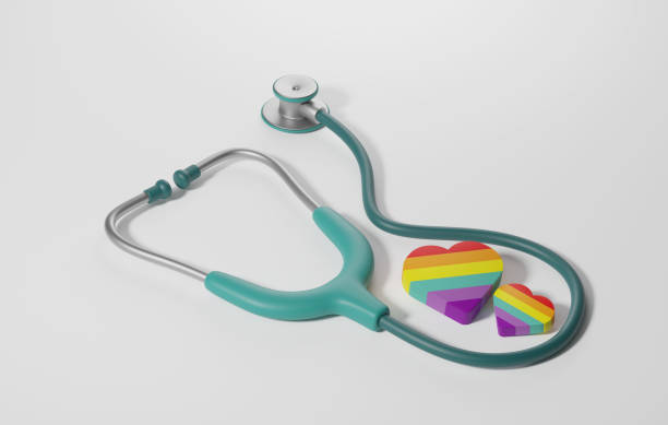 крупны�й план, стетоскоп с радужной формой сердца медицинская помощь лгбтк+ - lesbian gay man rainbow multi colored стоковые фото и изображения