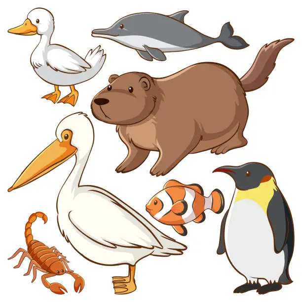 Vector illustration of Set of simple animals cartoon character