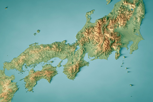 3D Render of a Topographic Map of the region from Tokyo to Hiroshima in Japan. \nAll source data is in the public domain.\nColor texture: Made with Natural Earth.\nhttp://www.naturalearthdata.com/downloads/10m-raster-data/10m-cross-blend-hypso/\nRelief texture and Rivers: NASADEM data courtesy of NASA JPL (2020).\nhttps://doi.org/10.5067/MEaSUREs/NASADEM/NASADEM_HGT.001 \nWater texture: SRTM Water Body SWDB: https://dds.cr.usgs.gov/srtm/version2_1/SWBD/