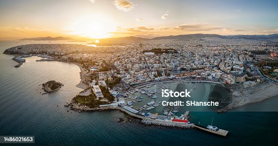 istock Aerial sunset view of the Piraeus district in Athens, Greece, with Mikrolimano and Zea Marina 1486021653