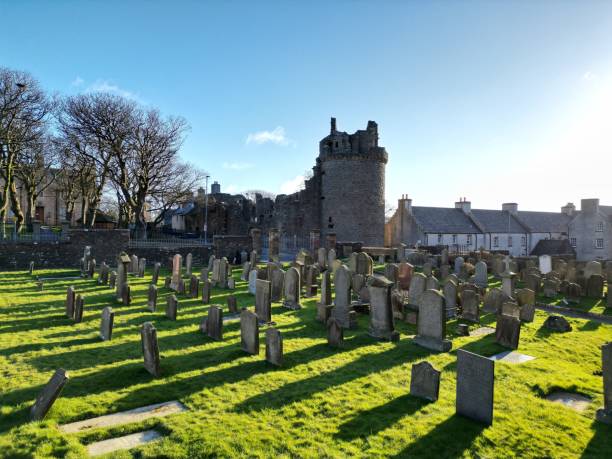 istock a grassy graveyard with a tower in the distance and small trees growing on the side 1486021783