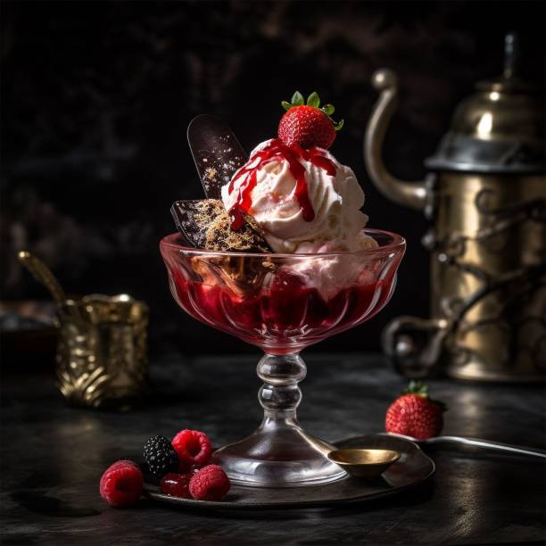 a dessert with a strawberry sauce and some whipped cream on top