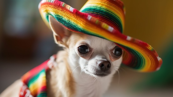 A portrait shot of a cute chihuahua dog with a sombrero on its head.