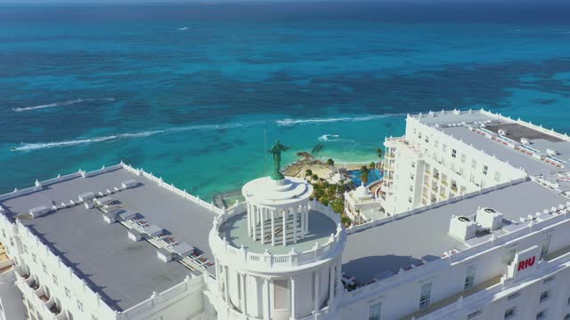 Aerial view of Cancun hotel zone skyline, Punta Norte beach, Cancun, Mexico.