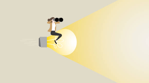 istock A businesswoman uses binoculars ride a big light bulb rocket. Search for new business opportunity, problem-solving, ideas, creativity, inspiration, imagination, drive to success, creation, and vision. 1486027481