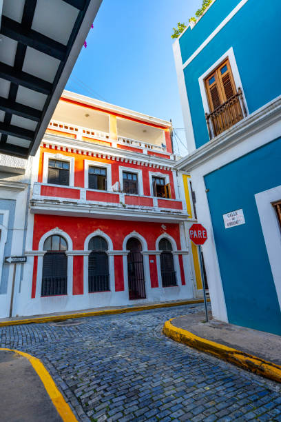 Colorful houses at Old San Juan Streets with colorful houses at Old San Juan, Puerto Rico puerto rican culture stock pictures, royalty-free photos & images