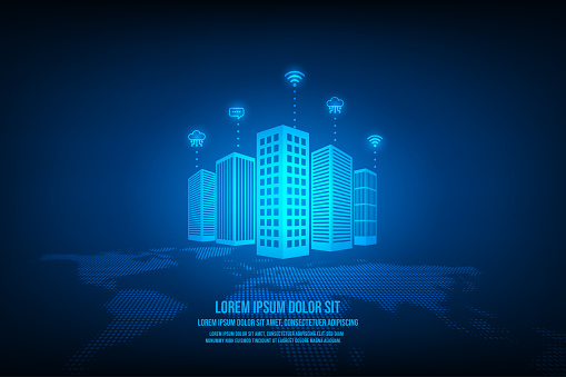 Vector technology internet of things with smart city concept. World map abstract blue background.
